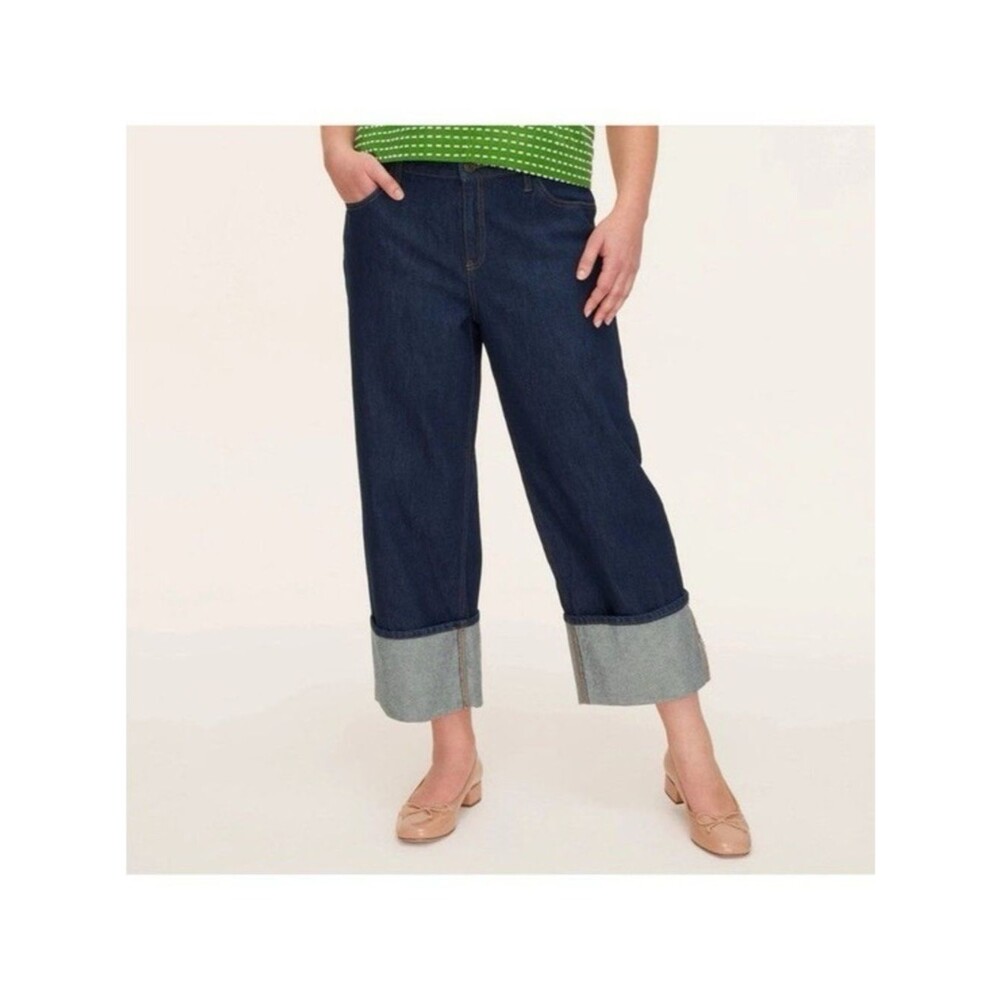Kate Spade Dark Indigo Wide Cuff Cropped Jeans Size 8 Baggy Denim Designer
